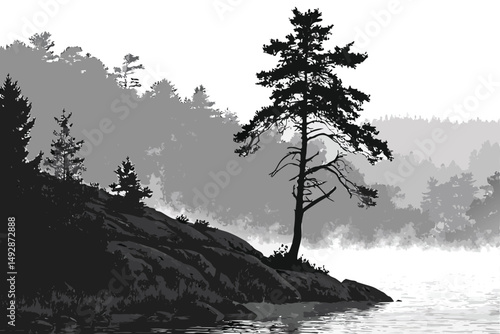63 dramatic, moody, atmospheric, black and white, island, lone tree, rocky outcrop, mist, lake, tranquil, monochrome