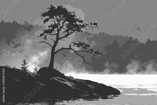63 dramatic, moody, atmospheric, black and white, island, lone tree, rocky outcrop, mist, lake, tranquil, monochrome