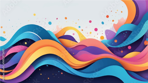 Abstract colorful wave shapes with layered curves and vibrant gradients on a soft background. Includes elements like floating leaves, splashes, and circular particles. Smooth, flowing design with shad