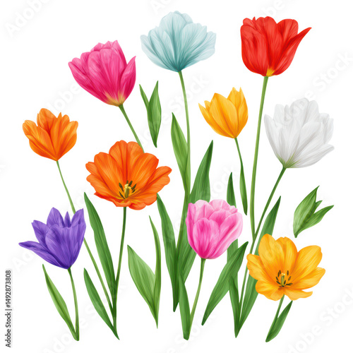 Wallpaper Mural Colorful Tulip Bouquet with Vibrant Petals and Green Leaves, isolated on transparent background. Torontodigital.ca
