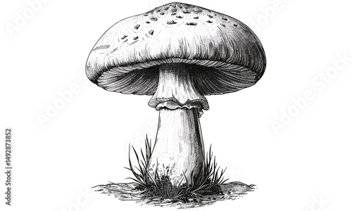 Antique Engraving Puffball Mushroom, Rustic Etching Print, Hand-drawn Fungi Illustration, Vintage Style Monochrome Forest Nature Sketch, Retro Botanical Drawing, Trendy Animal Print
