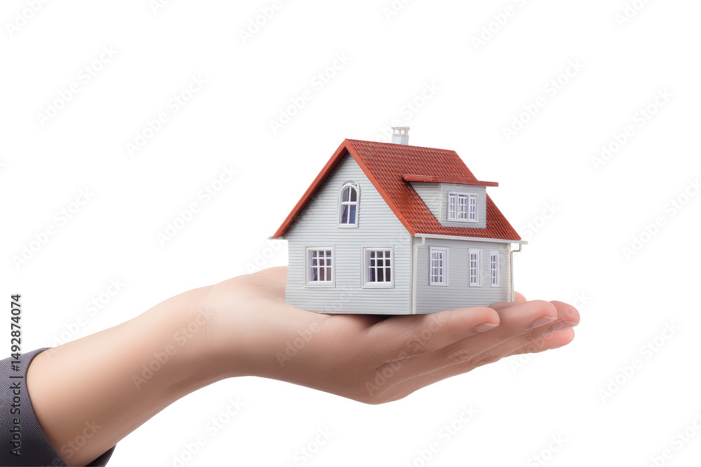 Hand holding a miniature white house with a red roof against a black background in a studio shot on transparent background Hand holding a miniature white house with a red roof against a black background in a studio shot on transparent background