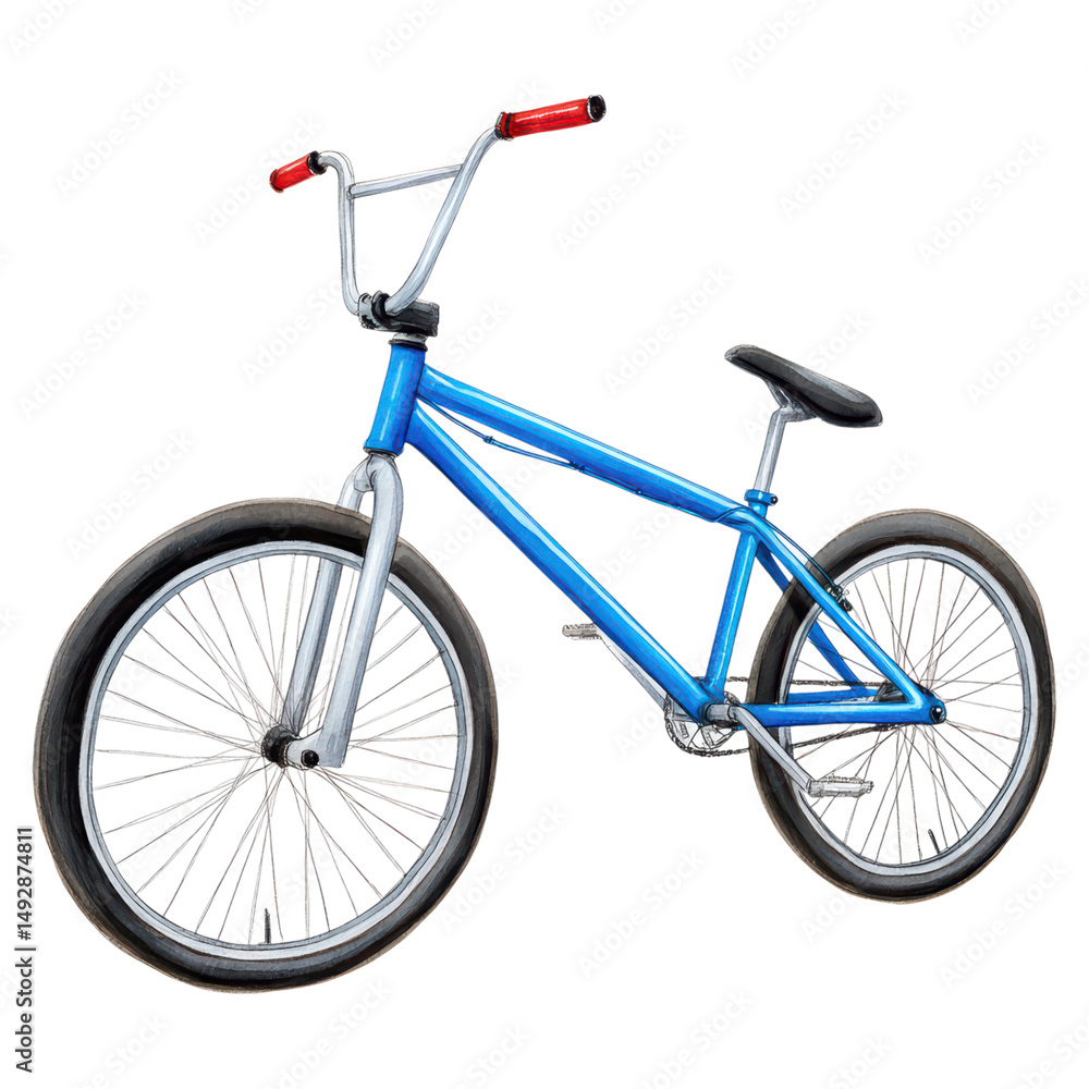 Obraz premium Blue BMX bike with red handlebars and a sleek design for outdoor sports, isolated on transparent background.