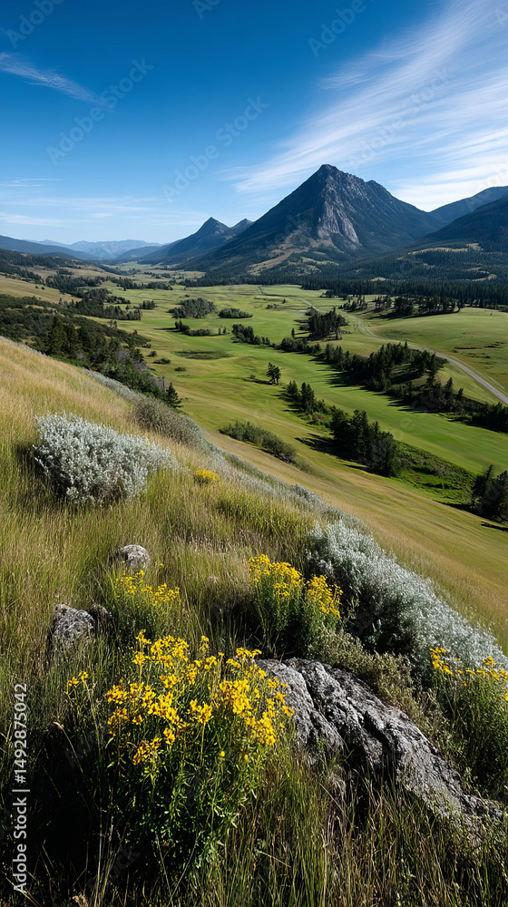 Fototapeta premium Golden wildflowers whisper secrets to ancient mountains under azure skies, celebrating Beltane and Lunasas verdant tapestry