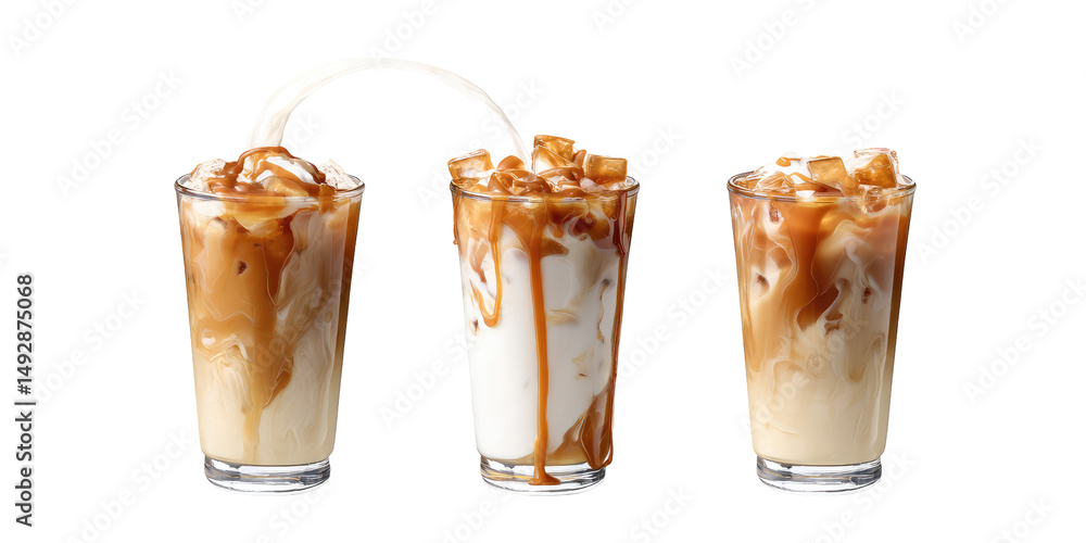 Three glasses of iced caramel macchiato with whipped cream and caramel drizzle on a black background on transparent background Three glasses of iced caramel macchiato with whipped cream and caramel drizzle on a black background on transparent background