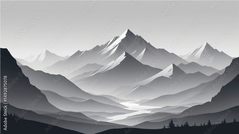 Fototapeta premium Snowy mountain landscape with morning mist and sunrise over the peaks