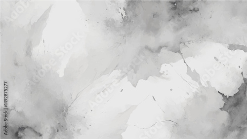 Grunge abstract background with textured paint splashes in dark white, ash, grey tones. Rough edges and layered brush stroke effects in a chaotic composition. Vector format.