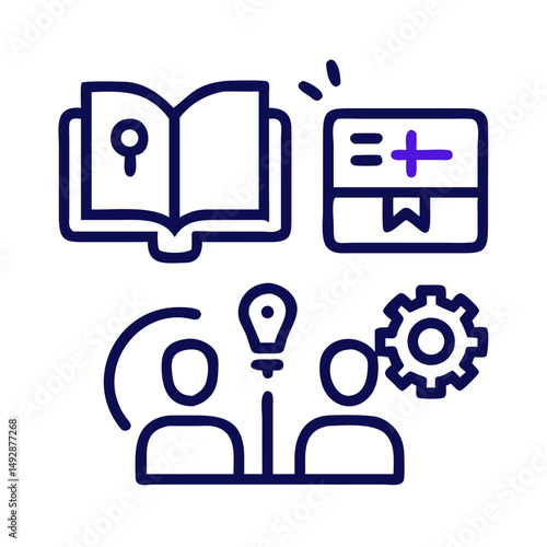 Blueprint illustration depicting collaborative project with books and ideas