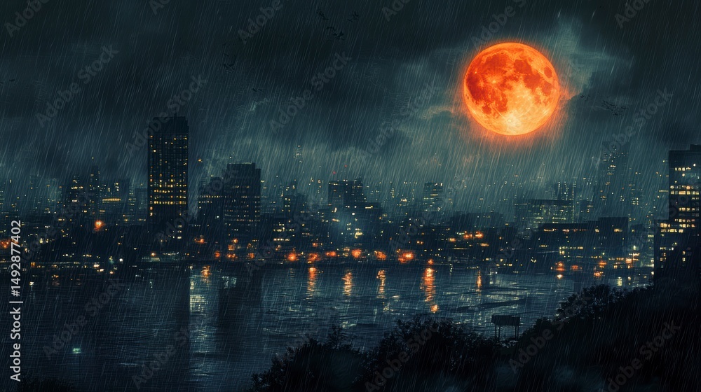 Obraz premium Rainy night cityscape with a large, ominous red moon.
