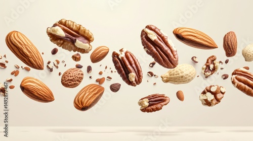 Assortment of nuts in motion creating a dynamic visual composition