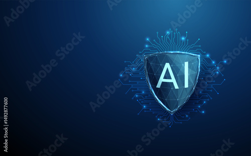 Futuristic shield with glowing AI inscription on electronic circuit lines background. Cybersecurity, advanced data protection concept.
