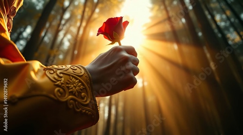 Fantasy Prince Holding a Red Rose Amidst Mystical Light