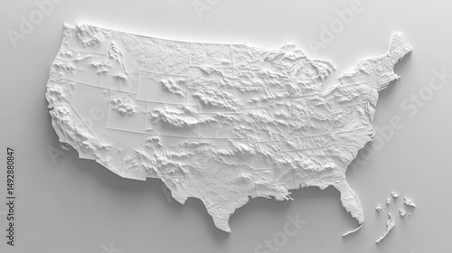 3D topographic map of the United States, showing elevation changes in white relief.