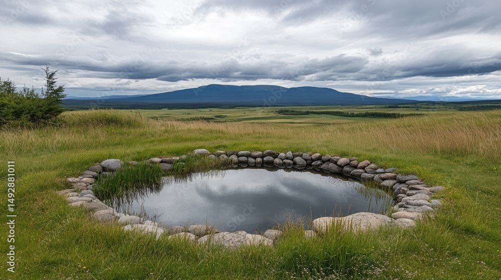 Fototapeta premium Small water reservoir pond surrounded by cultivated land and bordered by stones for irrigation use