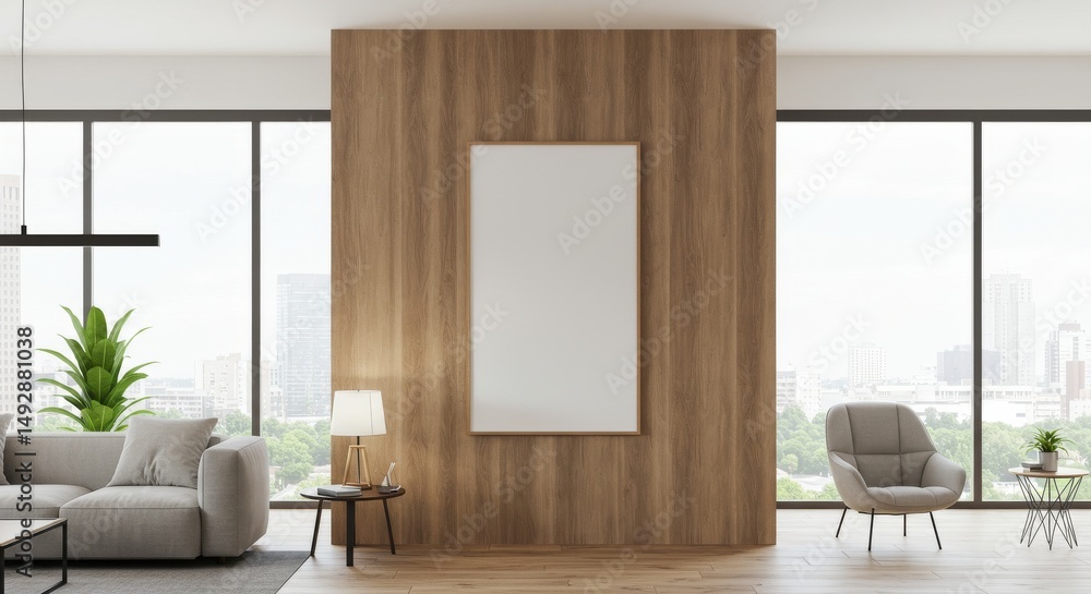 Fototapeta premium Modern living room with wooden wall and large mirror by the window 