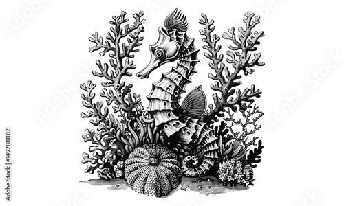 Monochrome Marine Fauna Line Art, Antique Engraving of Seahorse Among Coral, Vintage Ocean Creature Etching, Rustic Sea Life Drawing, Nautical Fauna Print, Detailed Wildlife