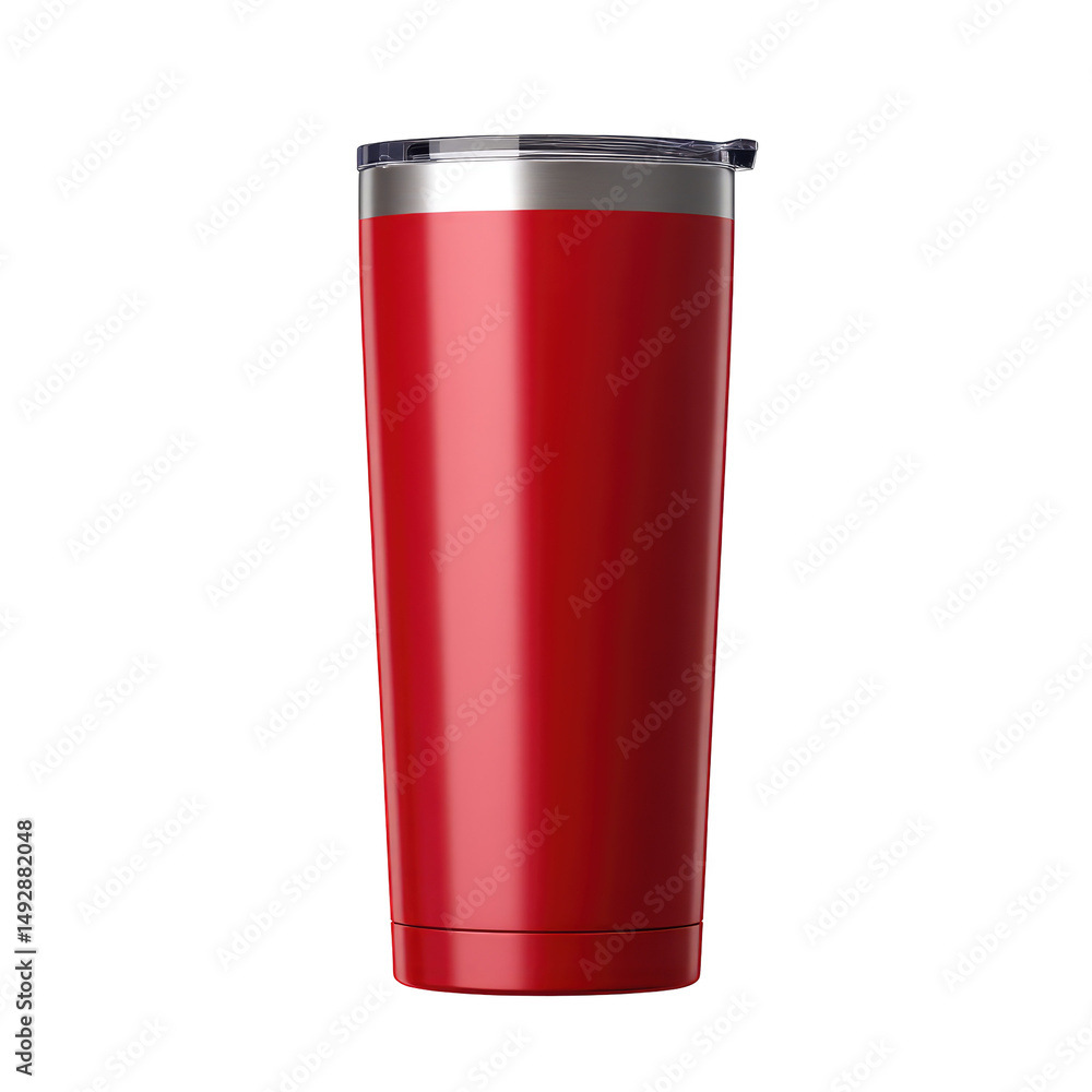 A close up shot of a shiny red stainless steel tumbler with a lid on a black background in studio light on transparent background A close up shot of a shiny red stainless steel tumbler with a lid on a black background in studio light on transparent background