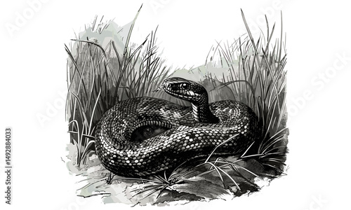 Vintage Nature Etching, Antique Engraving of Snake in Grass, Monochrome Reptile Line Art, Retro Wildlife Print, Detailed Wildlife Illustration, Rustic Fauna Drawing, Old Engraving Style