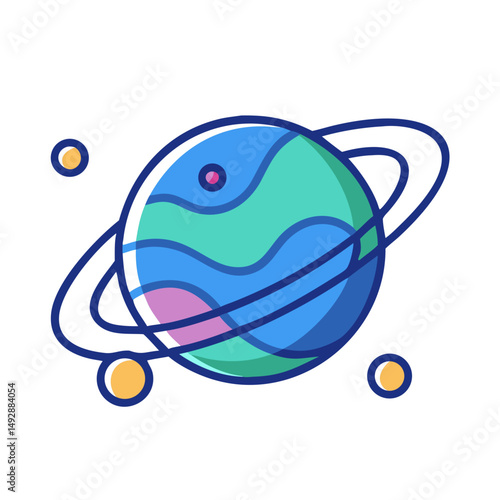 Cartoon planet with rings and orbiting moons illustration