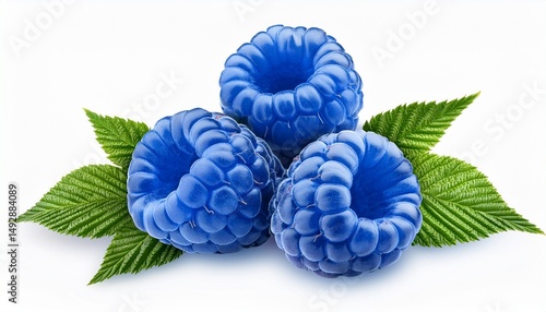 three juicy cool blue raspberries with leaf isolated on a transparent background