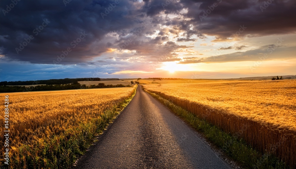 Fototapeta premium sunset over country road with golden fields and dramatic sky