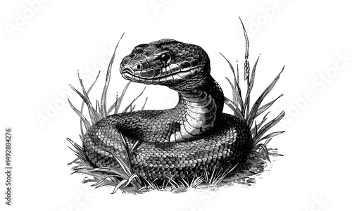 Antique Engraving of Snake in Grass, Monochrome Reptile Line Art, Vintage Nature Etching, Detailed Wildlife Illustration, Rustic Fauna Drawing, Retro Wildlife Print, Old Engraving Style