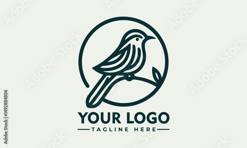 Simple bird line drawing enclosed in circular emblem standing calmly on natural surface. Nature concept

