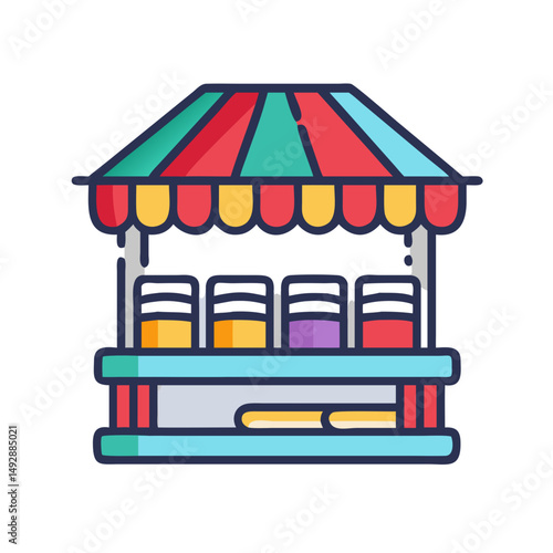 Colorful fairground booth icon with awning and jars