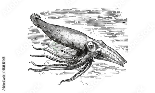 Antique Squid Engraving, Vintage Nautical Marine Sketch, Hand-drawn Ocean Creature Art, Rustic Sea Life Print, Monochrome Illustration, Old Engraving Style, Black Ink Drawing