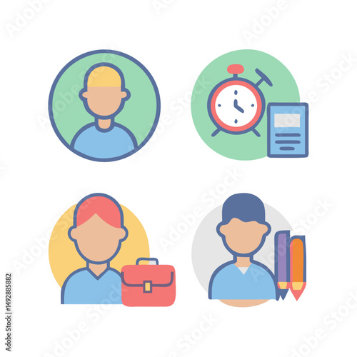Four professional vector icons presenting diverse work tasks visually