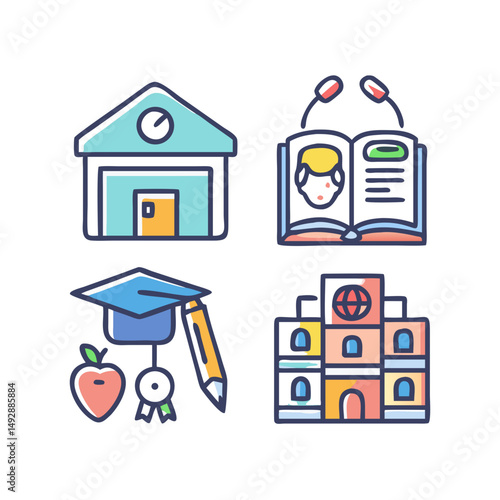 Bright educational icons symbolizing learning and academic achievement