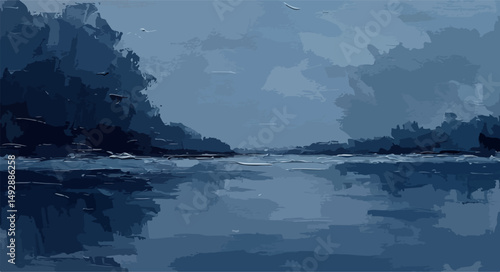 A serene abstract impressionist painting in shades of blue and grey, with textured brushstrokes that suggest introspection and emotional solitude