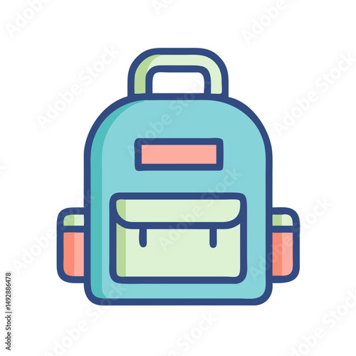 Stylized light blue backpack illustration with pastel accents and details
