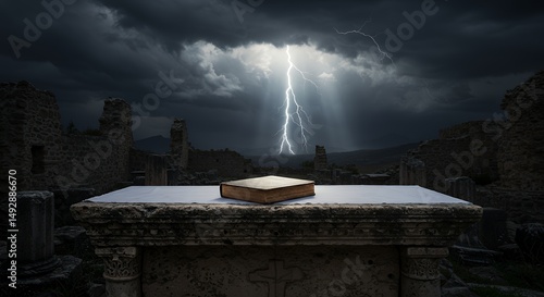 Book with thunderstorm above ruins