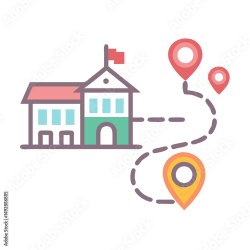 School building with location pointers connected by dashed line