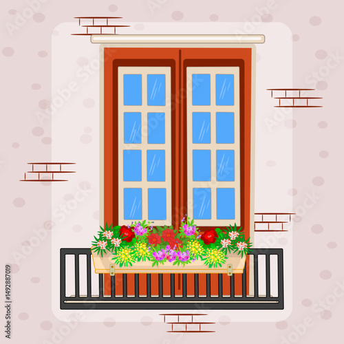 Balcony and window of house or apartment building with flowers in pot. Vintage balcony decorated with flowers. Architecture and home facade. Plants in cachepots on windowsill.Stock vector illustration