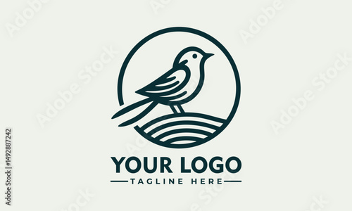 Simple bird line drawing enclosed in circular emblem standing calmly on natural surface. Nature concept

