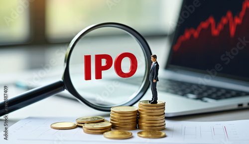 IPO Concept with Magnifying Glass and Coins