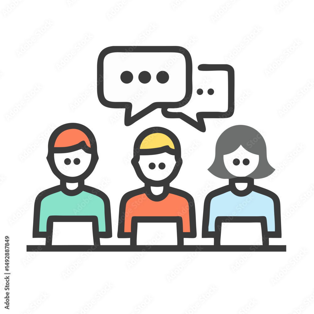 Fototapeta premium Three employees in conversation with speech bubbles, White Background