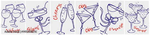 hand drawn cocktail poster set. la dolce vita summer drink illustration card in doodle contour minimal style with bow