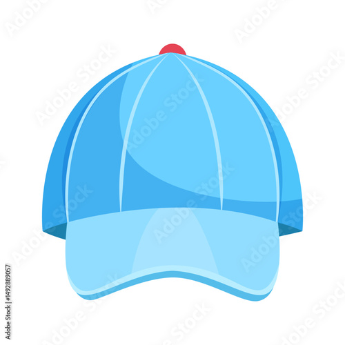 Light blue baseball cap with a red top button, shown in flat cartoon style on white background. Concept of casual fashion accessory. Vector illustration