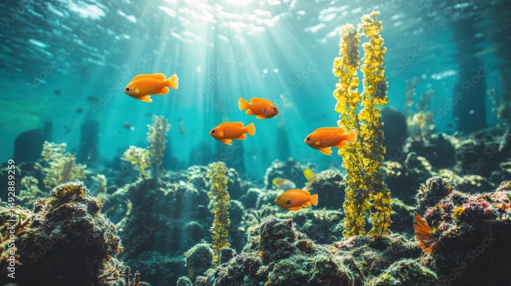 Naklejka premium Underwater scene featuring colorful fish and vibrant plant life