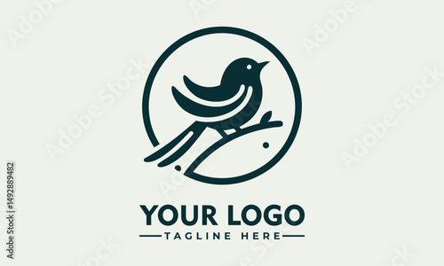 Simple bird line drawing enclosed in circular emblem standing calmly on natural surface. Nature concept
