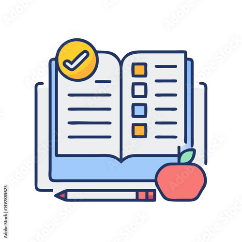 Cartoon open book with apple and pencil for education