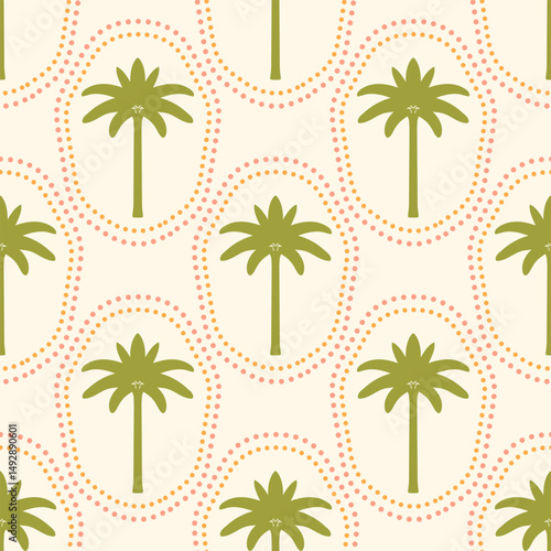 Green palm trees silhouettes vector seamless pattern illustration. Block print tropical plants with rounded frames on light background for fabric, wallpaper. Simple retro summer beach repeat tile
