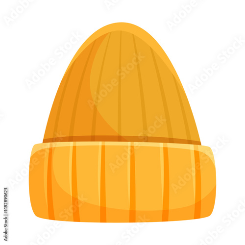 Warm orange knitted beanie with visible ribbed texture and folded brim, cartoon style, isolated on white background. Concept of winter wear. Vector illustration