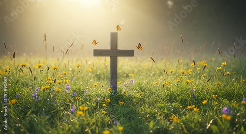 Cross in flower meadow with butterflies