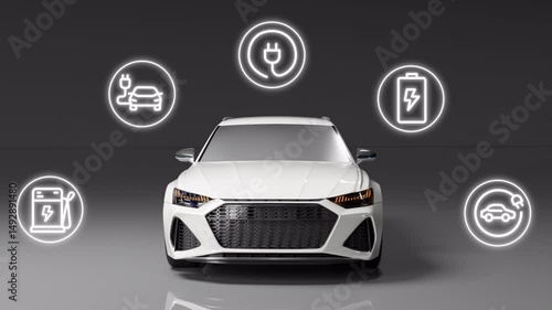 EV electric vehicle car user interface with Ai artificial intelligence HUD GUI with for cyber futuristic transport concept on the dark white background
