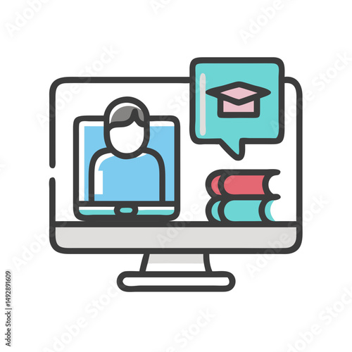 Online education illustration with video call and graduation cap
