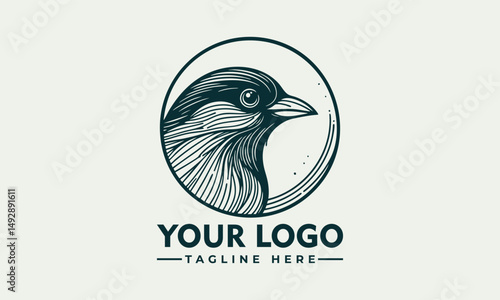 Simple bird line drawing enclosed in circular emblem standing calmly on natural surface. Nature concept
